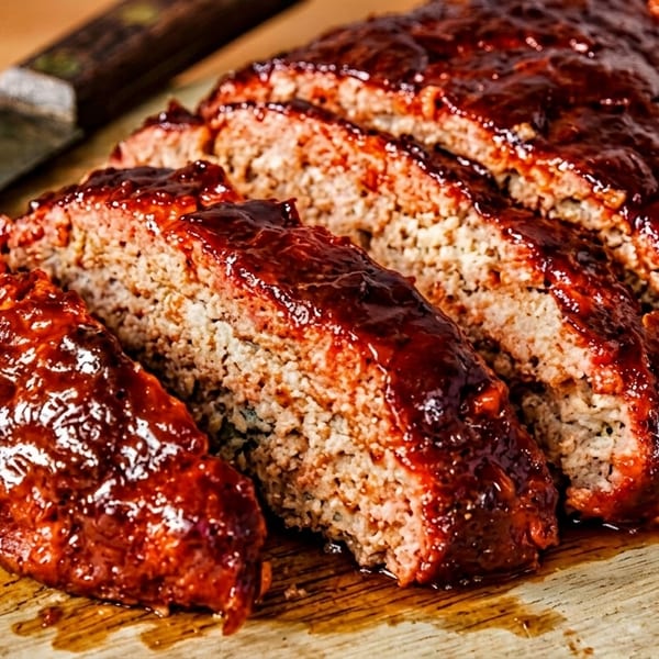 Sliced meatloaf with a glossy, dark red glaze on a wooden cutting board next to a knife.