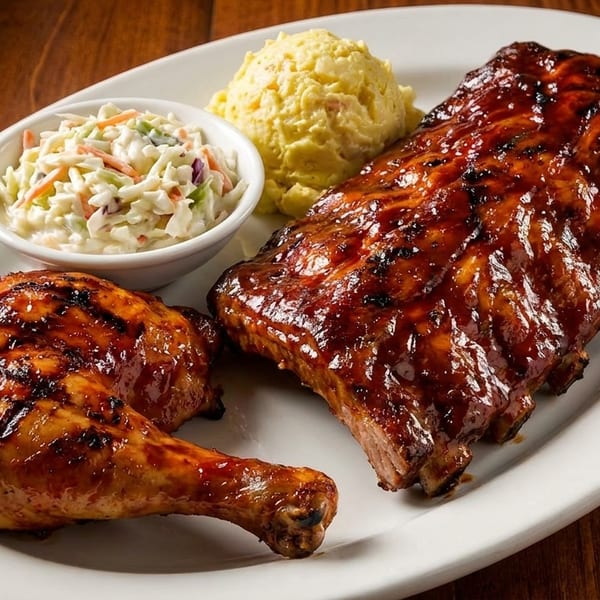 A plate of BBQ ribs, chicken leg and thigh, coleslaw, and mashed potatoes.