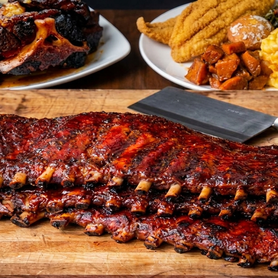 Plates of BBQ ribs, fried fish, mac and cheese, collard greens, and sweet potatoes.