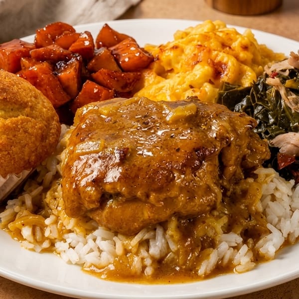 A plate of soul food with smothered chicken and rice, mac and cheese, collard greens, candied yams, and cornbread.