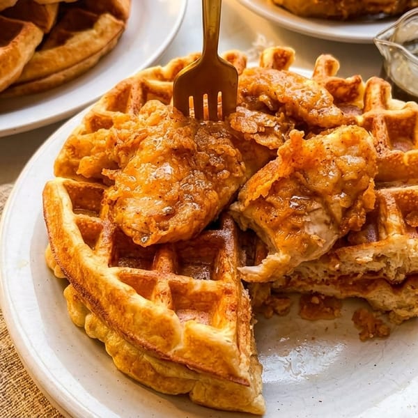 Golden-brown chicken and waffles on a white plate with a fork, and a small pitcher of syrup.