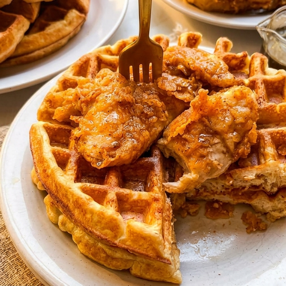 Golden-brown chicken and waffles on a white plate with a fork, and a small pitcher of syrup.