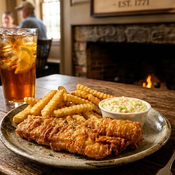 Fish and chips with coleslaw and iced tea on a wooden table by a fireplace.