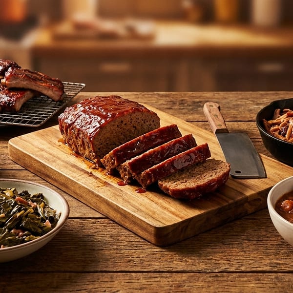 A feast of BBQ ribs, sliced meatloaf, pulled pork, macaroni and cheese, collard greens, and stew.