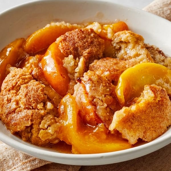 A white bowl filled with warm peach cobbler, featuring golden-brown crust and juicy peach slices.