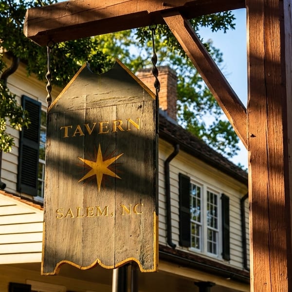 Wooden "TAVERN SALEM, NC" sign with a yellow star, hanging outside a historic building.