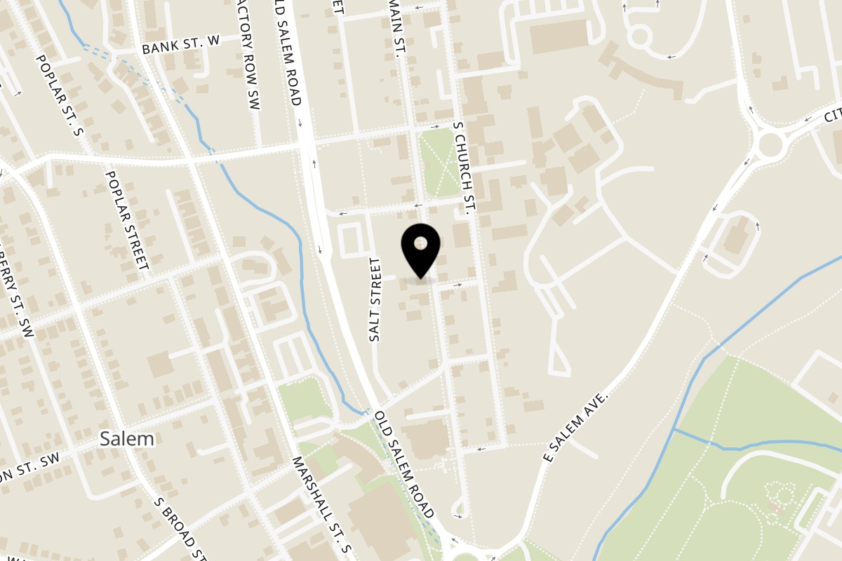 Map showing the location of The Old Salem Tavern on 736 S Main St in Winston-Salem